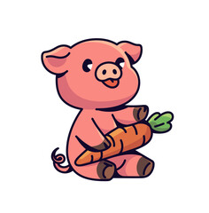 Cute little pig sits with carrot in hands. Funny pink piglet with happy face holds food. Amusing character of baby farm animal with vegetable. Flat isolated vector illustration on white background