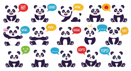 Playful panda expressions with colorful speech bubbles and diverse emotions in cartoon style © jas