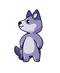 Happy grey wolf stands and smiles. Cute gray forest animal. Funny wild character with positive emotions on its face. Amusing baby of woodland. Flat isolated vector illustration on white background