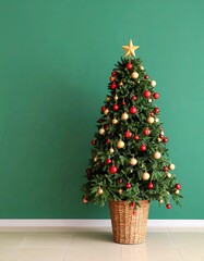 Christmas tree in a woven basket against a teal wall