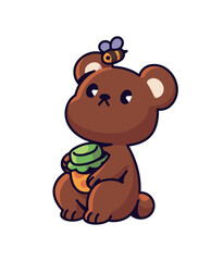 Cute baby bear sits, holds pot of honey. Funny forest character with little bee. Adorable kids animal with happy emotions on face eats food. Flat isolated vector illustration on white background