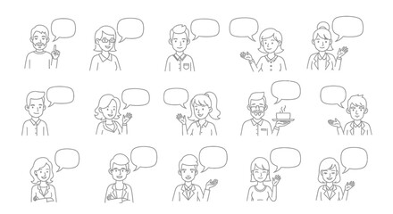 Illustrations of diverse people with blank speech bubbles, ideal for various communication
