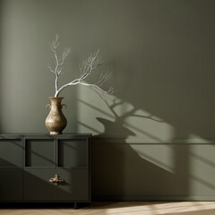 Modern interior with decorative vase and branch. 3D illustration © Salih