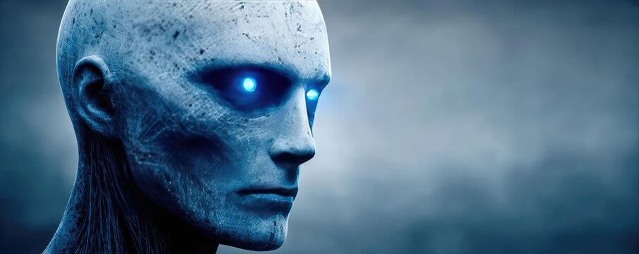 Side view of a humanoid head with colored eyes concept. Futuristic humanoid robot with glowing blue eyes and stone texture.