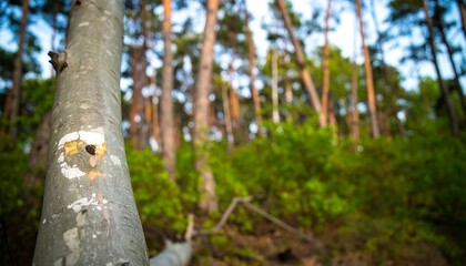 Fototapeta premium Forest scene, close-up of tree trunk with markings, blurry background