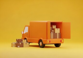 3d render of an orange delivery truck with its back doors open, revealing stacked boxes inside and several boxes scattered outside