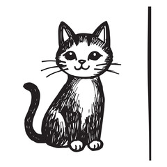 Cat Doodle Black and White Illustration Vector Image Cute Kitten Sketch Line Art Drawing Silhouette