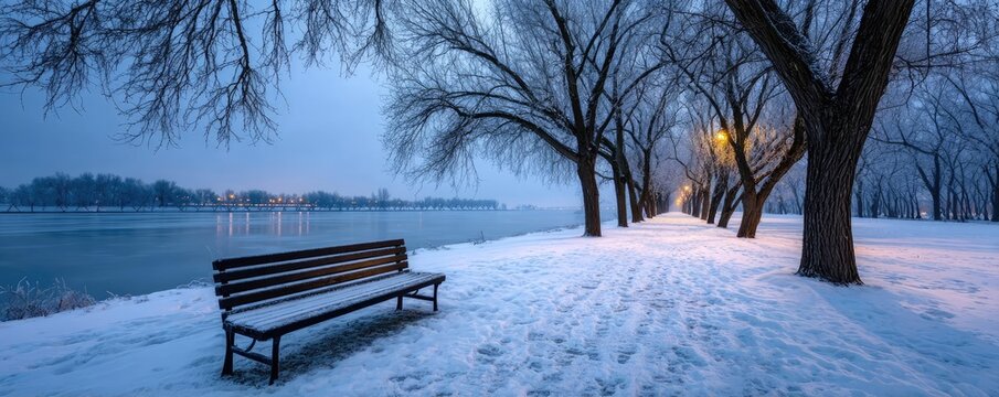 Amidst a tranquil and introspective ambiance concept. Tranquil winter scene with a bench along a snowy riverside.