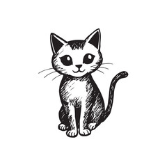 Cat Doodle Black and White Illustration Vector Image Cute Kitten Sketch Line Art Drawing Silhouette