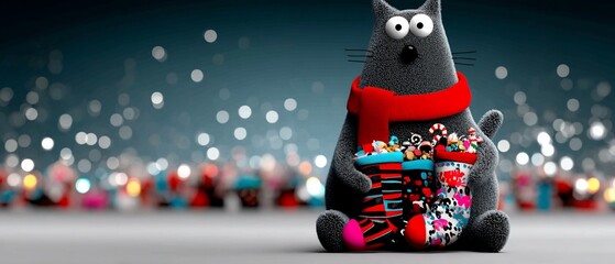 Festive cat holding a Christmas stocking filled with candy and treats against a bokeh background