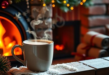 Steaming mug of hot chocolate beside a crackling Christmas fireplace, mulled wine, rustic
