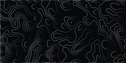 Topographic contour lines on a black background, white and gray gradient lines creating a scientific or abstract map pattern for data visualization and design