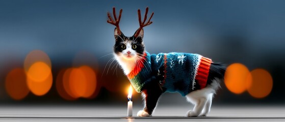 Festive cat in reindeer antlers and sweater by candlelight