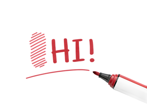 Handwriting the word hi with a red marker on a black background