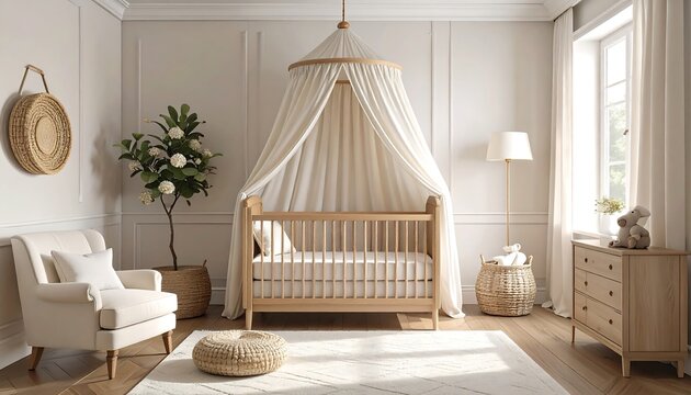 A serene and airy nursery room, showcasing a light wooden crib, a comfy armchair, and a stylish canopy bed, all in a neutral color palette. - Powered by Adobe