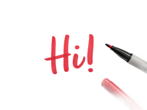 Handwritten hi in bright red marker on a black background with marker tip visible