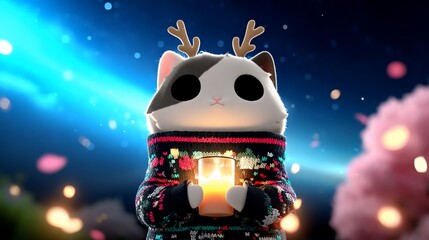 Festive cat in sweater holds candle, night scene
