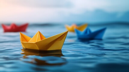Colorful paper boats float on the water in a race