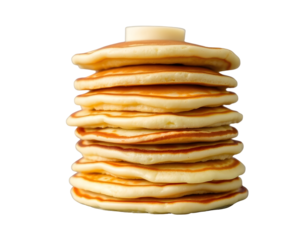 Stack of golden pancakes with butter on top
