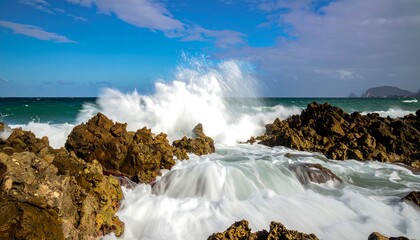 Dramatic ocean waves crashing on rocks