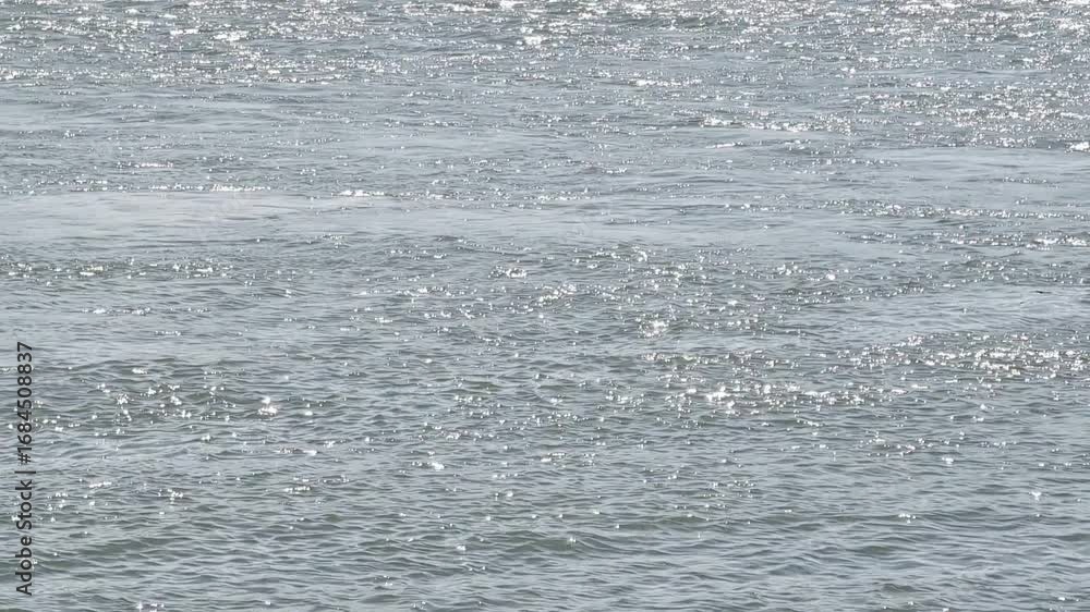 Poster flowing river water surface with sunlight reflections and gentle current movement, continuous flow a