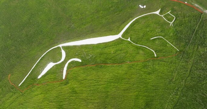 Aerial View Of Uffington White Horse Prehistoric Hill Figure In England, United Kingdom.