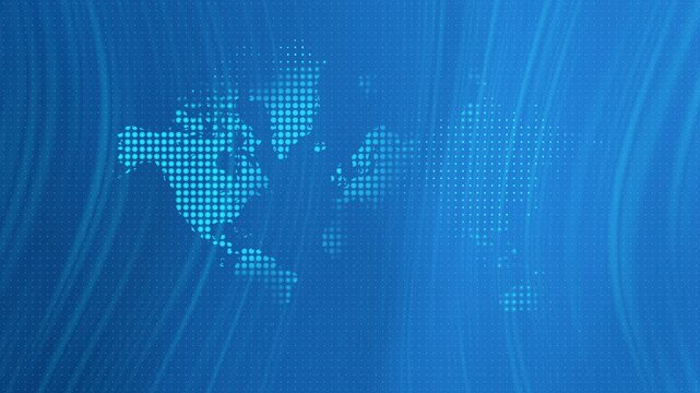Animated dotted world map over flowing blue wave background with tranquil motion, global news backdrop