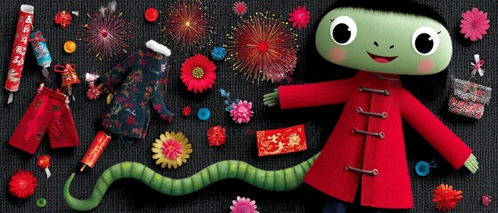 Festive doll in red coat with snake & fireworks