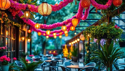 Fototapeta premium Twinkling lanterns & vibrant garlands adorn a charming outdoor cafe garden, enchanting, whimsical