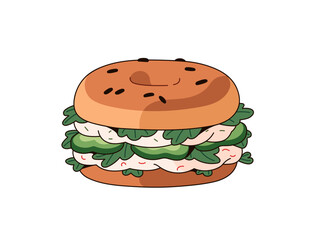 Tasty bagel with fresh vegetables, cheese. Delicious burger, sandwich with round shape of buns. Lunch eating, yummy snack for breakfast meal, fast food. Flat isolated vector illustration on white