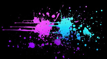 Neon ink splatter background, black background, purple and teal neon color scheme