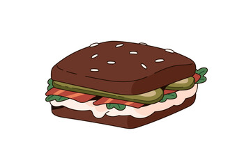 Delicious sandwich, BLT with black bread. Tasty burger with bacon, pickles, greenery. Lunch meal, breakfast eating. Snack for dinner, fast food. Flat isolated vector illustration on white background