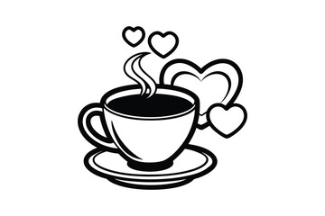 A steaming cup of coffee with hearts and steam presented as a charming silhouette isolated on white background