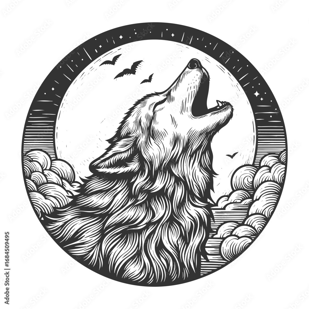 Poster fierce werewolf with claws extended, howling at the full moon with bats flying around sketch engravi