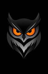 Owl in the dark with orange eyes, against a black background