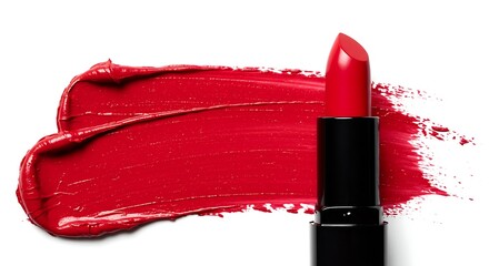 The rich red color of a lipstick is showcased in a promotional studio shot with a bold swatch mark