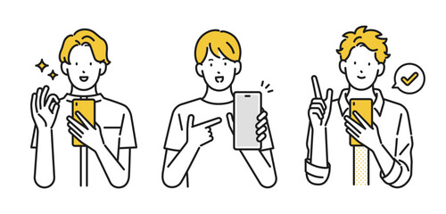イラスト素材：スマホを見て喜ぶ若い男性 表情セット