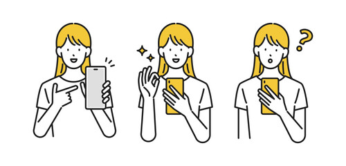 イラスト素材：スマホを使う女性のイラストセット