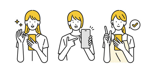 イラスト素材: スマホを見て喜ぶ若い女性 表情セット