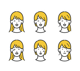イラスト素材：若い女性の表情セット