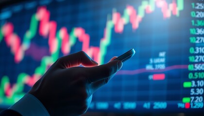 Hand holding smartphone displaying stock market financial graph with rising trend image photo
