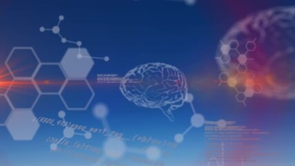 Animation of falling molecules and human brain over blue background - Powered by Adobe