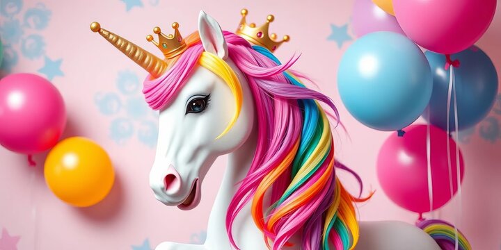 Whimsical unicorn, rainbow mane, colorful balloons, gold crown, pastel background, pattern, magical - Powered by Adobe
