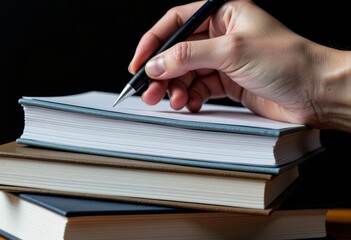 Naklejka premium Close-up Image of a Hand Holding a Pen Poised to Write on a Stack of Books, Symbolizing Knowledge, Education, and the Power of Writing