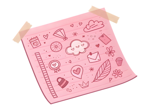 Pink sticky note with cute hand drawn doodles and tape