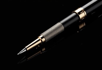 Naklejka premium Elegant Black and Gold Pen with Precision Tip and Textured Grip Reflecting Sophistication and Fine Craftsmanship on Glossy Black Surface