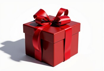 Obraz premium Elegant Red Gift Box with Large Satin Bow on White Background Illuminated by Soft Natural Light Creating Shadows