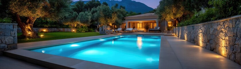Obraz premium Square pool in the Greek villa garden concept. Elegant poolside retreat shimmering under the twilight sky.