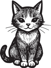 Cat Doodle Black and White Illustration Vector Image Cute Kitten Sketch Line Art Drawing Silhouette