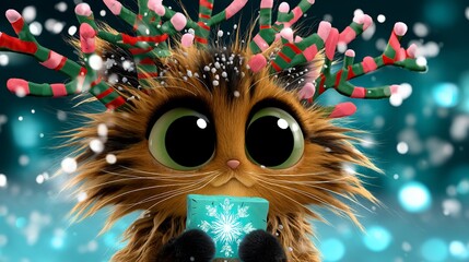 Festive furry creature with antlers, holding a snowflake